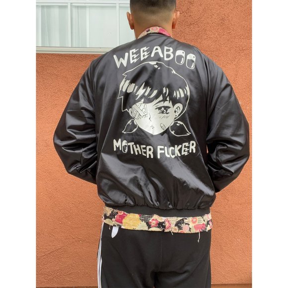 Satin Baseball Jacket/Striped Trim with custom Floral - Picture 3 of 4